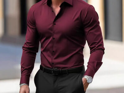 Men's Shirt Business Button Down Shirt Summer Solid Color Long Sleeve Lapel Vacation Shirt Fashion Temperament Casual Tops