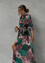 Printed Waist-controlled Lace-up Long Sleeve Dress - Image 2