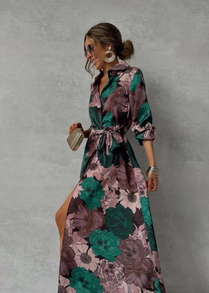 Printed Waist-controlled Lace-up Long Sleeve Dress - Image 2