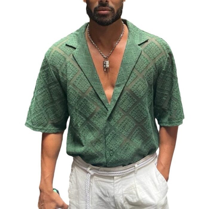 Fashion Mens Clothing Men's Hollow-out Breathable Short-sleeved Lapel Casual Shirt - Image 4