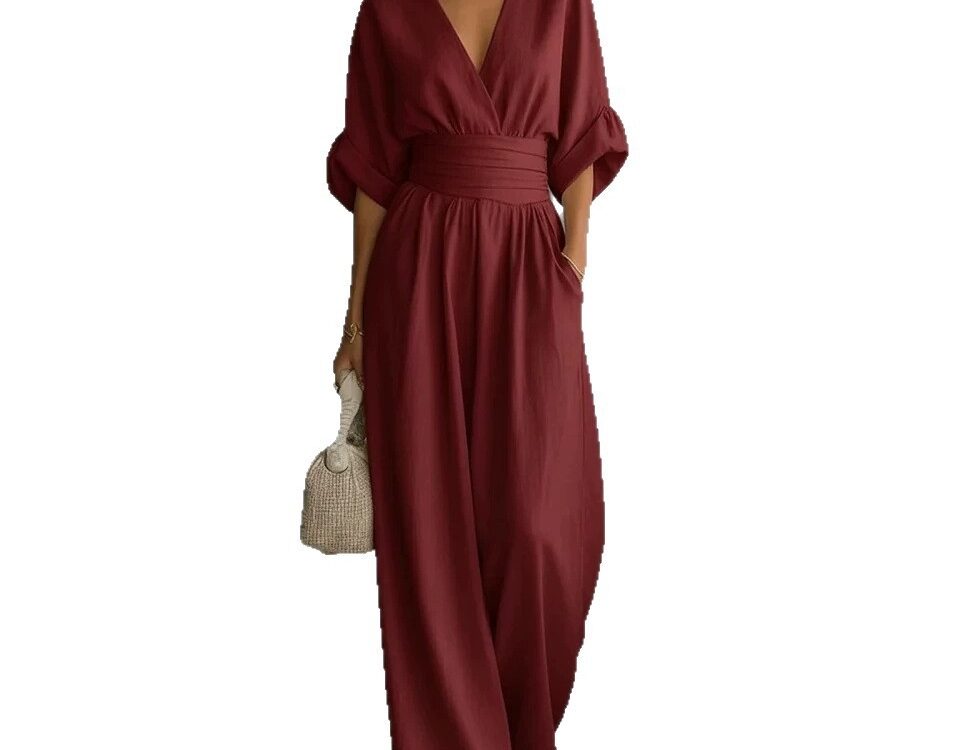 Waist-cinched V-neck Womens Jumpsuit
