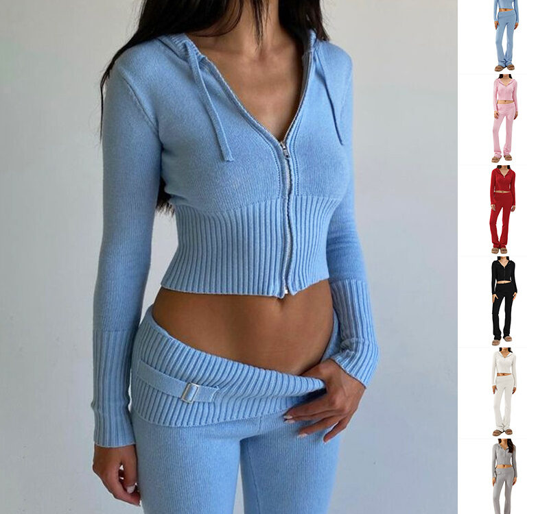 Hoodie Suit Sports Leisure Sexy Zip Long Sleeve Sweater And High Waist Long Pants Set Women's Clothing