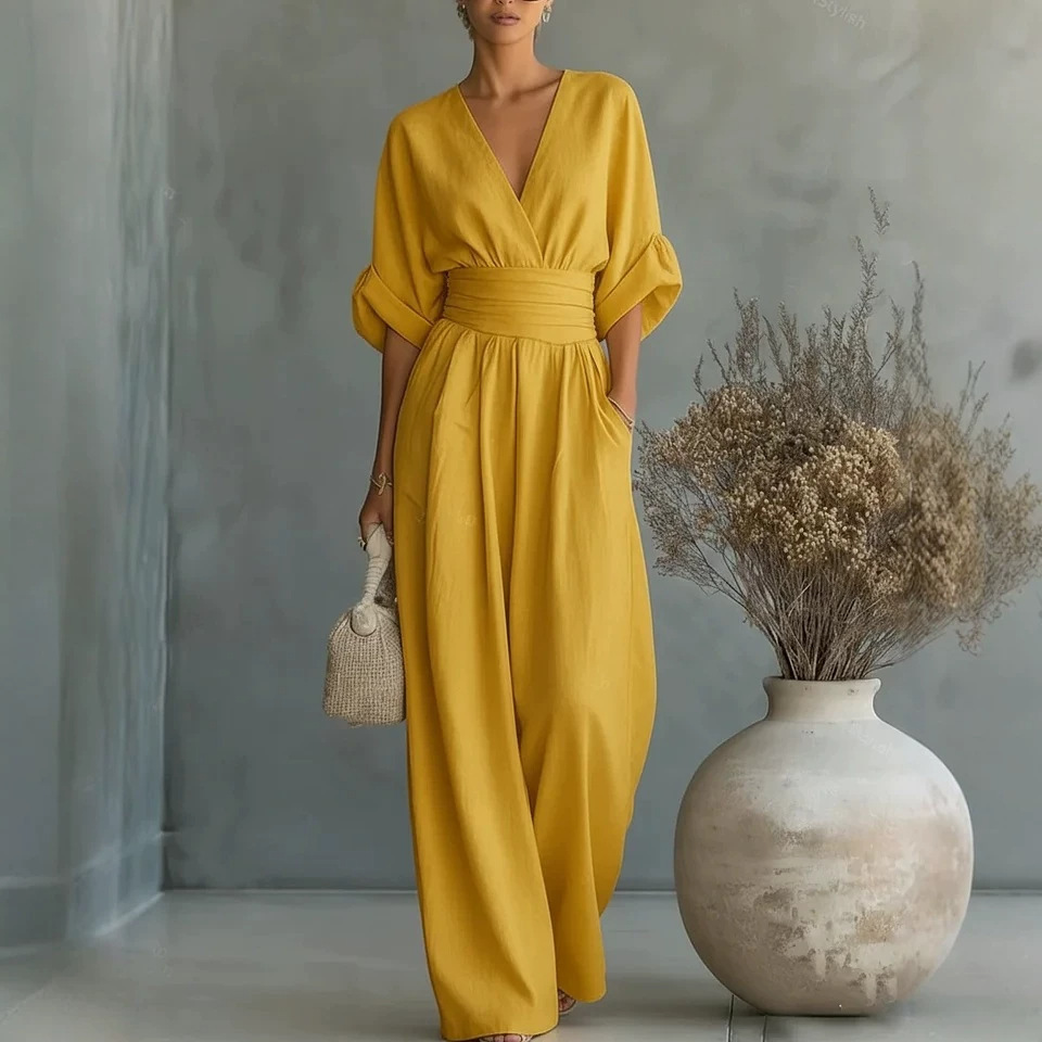 Waist-cinched V-neck Womens Jumpsuit - Image 2